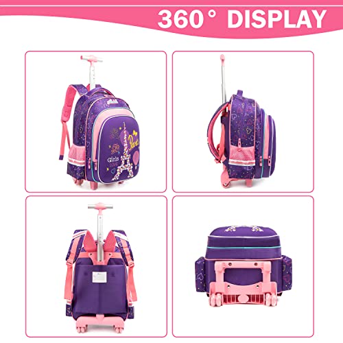 Meetbelify Kids Rollling Backpack for Girls Kids Luggage Suitcase with Lunch Box Set for Elementary Student Travel Backpack with Wheels for Girls Age 6-8 Purple School Bag