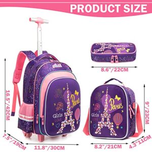 Meetbelify Kids Rollling Backpack for Girls Kids Luggage Suitcase with Lunch Box Set for Elementary Student Travel Backpack with Wheels for Girls Age 6-8 Purple School Bag