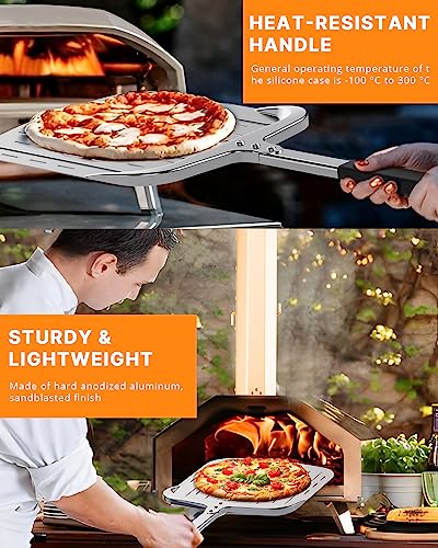 Perforated Pizza Peel 12-inch, Hard Anodized Aluminum Metal Pizza Spatula Paddle (12'' x 13.7''), Pizza Turning Peel, with Long and Heat Resistant Silicone Handle, Pizza Oven Accessories