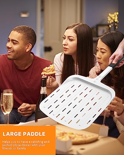 Perforated Pizza Peel 12-inch, Hard Anodized Aluminum Metal Pizza Spatula Paddle (12'' x 13.7''), Pizza Turning Peel, with Long and Heat Resistant Silicone Handle, Pizza Oven Accessories