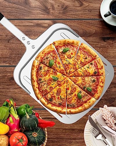 Perforated Pizza Peel 12-inch, Hard Anodized Aluminum Metal Pizza Spatula Paddle (12'' x 13.7''), Pizza Turning Peel, with Long and Heat Resistant Silicone Handle, Pizza Oven Accessories