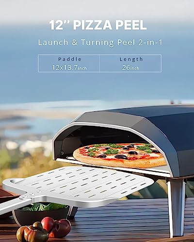 Perforated Pizza Peel 12-inch, Hard Anodized Aluminum Metal Pizza Spatula Paddle (12'' x 13.7''), Pizza Turning Peel, with Long and Heat Resistant Silicone Handle, Pizza Oven Accessories