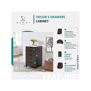 Naomi Home Taylor 5 Drawer Chest, Wood Storage Dresser Cabinet with Wheels, Storage Organization, Makeup Drawer Unit for Closet, Bedroom, Office File Cabinet 180 lbs Capacity – Natural