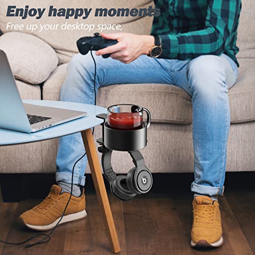 3.94'' Large Desk Cup Holder, 360° Rotating Metal Cup Holder & Under Desk Headphone Stand, Gaming Desk Anti-Spill Cup Holder Clamp for Table or Chair, Coffee Mugs, Bottles, Headset Hook