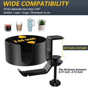 3.94'' Large Desk Cup Holder, 360° Rotating Metal Cup Holder & Under Desk Headphone Stand, Gaming Desk Anti-Spill Cup Holder Clamp for Table or Chair, Coffee Mugs, Bottles, Headset Hook