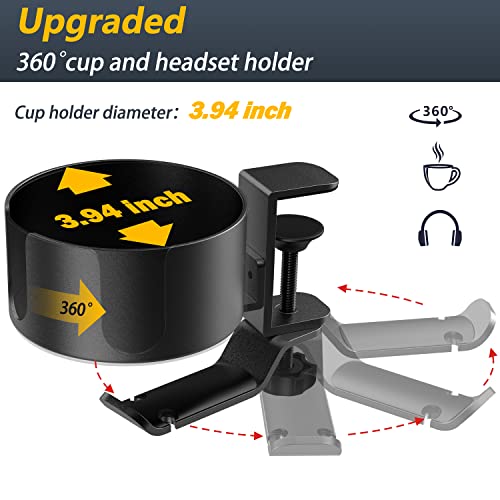 3.94'' Large Desk Cup Holder, 360° Rotating Metal Cup Holder & Under Desk Headphone Stand, Gaming Desk Anti-Spill Cup Holder Clamp for Table or Chair, Coffee Mugs, Bottles, Headset Hook