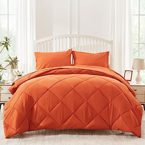 Gotroolhome Twin Size Comforter Sets, 5 Pieces Cozy Bed in a Bag Twin, Burnt Orange Bed Set with Comforter, Pillow Sham, Pillowcase, Flat Sheet, Fitted Sheet