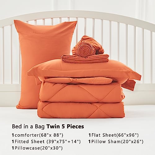 Gotroolhome Twin Size Comforter Sets, 5 Pieces Cozy Bed in a Bag Twin, Burnt Orange Bed Set with Comforter, Pillow Sham, Pillowcase, Flat Sheet, Fitted Sheet