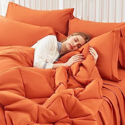 Gotroolhome Twin Size Comforter Sets, 5 Pieces Cozy Bed in a Bag Twin, Burnt Orange Bed Set with Comforter, Pillow Sham, Pillowcase, Flat Sheet, Fitted Sheet