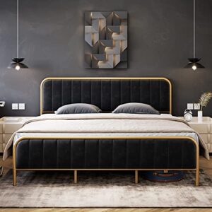senfot king size bed frame with gold metal frame, modern platform bed, noise free design, wood slats support, no box spring needed, easy assembly in black