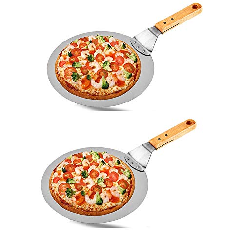 GUANGMING - Pizza Peel Round Stainless Steel, Perfect for Baking Homemade Pizza, Bread, Cakes, Biscuits, Wooden Handle Metal Shovel Spatula Peal for Baking Pizza and Cake,Silver