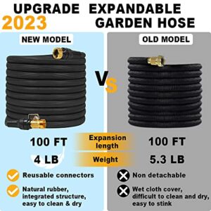 Expandable Garden Hose 100ft, 2023 Upgrade Water Hose with Lightweight Nano Rubber Fabric, 3/4" Solid Brass Fittings, No-Kink and Leak-Proof Retractable Flexible Hose with Spray Nozzle (Black&Blue)