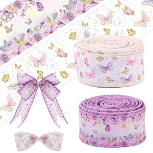tigeen 2 rolls 20 yards butterfly baby shower ribbon 1.5 inch wired edge ribbons watercolor purple butterfly floral theme burlap ribbon for gift wrapping bow diaper cake birthday party decor diy craft