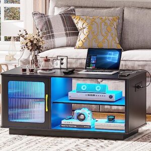 gurexl led coffee table with charging station, auto sensor 3 color dimmable dining table with large storage cabinet for living room,cocktail table with usb ports and power outlets