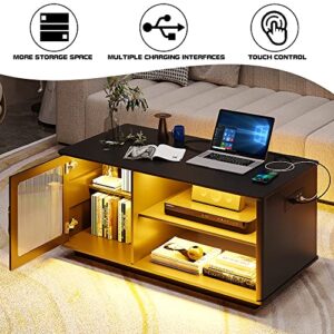 Gurexl LED Coffee Table with Charging Station, Auto Sensor 3 Color Dimmable Dining Table with Large Storage Cabinet for Living Room,Cocktail Table with USB Ports and Power Outlets
