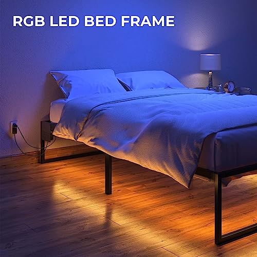 Rolanstar Bed Frame with USB Charging Station, Twin Bed Frame with LED Lights, Platform Bed Frame with Heavy Duty Steel Slats, 16" Storage Space Beneath Bed, No Box Spring Needed, Noise Free, Black