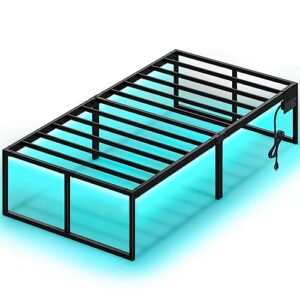 rolanstar bed frame with usb charging station, twin bed frame with led lights, platform bed frame with heavy duty steel slats, 16" storage space beneath bed, no box spring needed, noise free, black