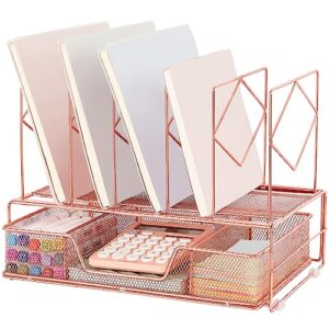 leketree rose gold desk organizer with drawers, office supplies for women, desk organization with 5 upright sections, desk accessories & workspace organizers