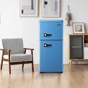 KRIB BLING Refrigerator with Freezer 3.5 Cu.Ft with 7 Level Adjustable Thermostat Control 2 Door Energy Saving Top-Freezer Compact Refrigerator Blue