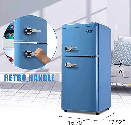 KRIB BLING Refrigerator with Freezer 3.5 Cu.Ft with 7 Level Adjustable Thermostat Control 2 Door Energy Saving Top-Freezer Compact Refrigerator Blue