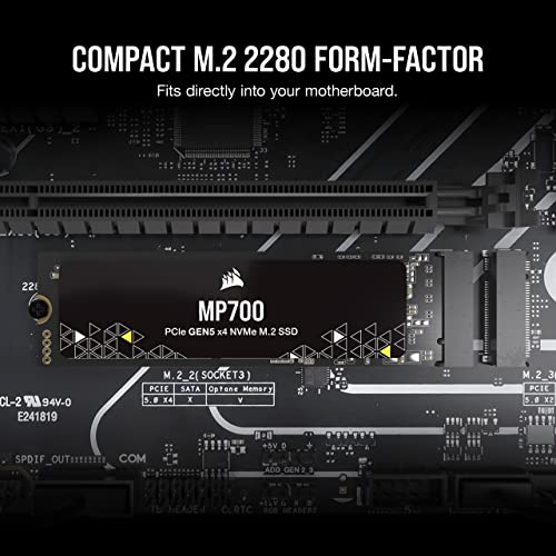 Corsair MP700 2TB PCIe Gen5 x4 NVMe 2.0 M.2 SSD – High-Density TLC NAND – Aluminum Heatsink – M.2 2280 – DirectStorage Compatible – Up to 10,000MB/sec – PCIe Gen4 & Gen3 Backwards Compatible – Black