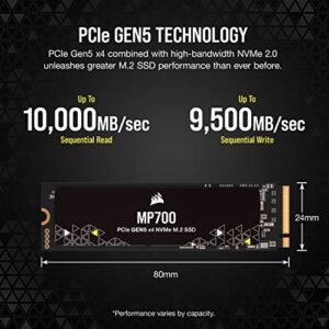 Corsair MP700 2TB PCIe Gen5 x4 NVMe 2.0 M.2 SSD – High-Density TLC NAND – Aluminum Heatsink – M.2 2280 – DirectStorage Compatible – Up to 10,000MB/sec – PCIe Gen4 & Gen3 Backwards Compatible – Black