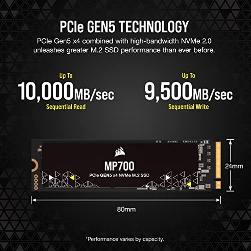 Corsair MP700 2TB PCIe Gen5 x4 NVMe 2.0 M.2 SSD – High-Density TLC NAND – Aluminum Heatsink – M.2 2280 – DirectStorage Compatible – Up to 10,000MB/sec – PCIe Gen4 & Gen3 Backwards Compatible – Black