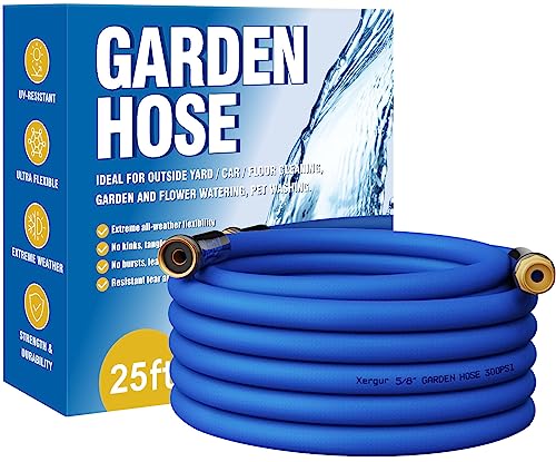 Flexible Garden Hose Water Pipe, 25FT Water Hose with Solid Brass Fittings, Durable No Kink Outdoor Hose Swivel Grip Heavy Duty Hose Pipe for Gardening Lawn Car Pet Washing, Blue