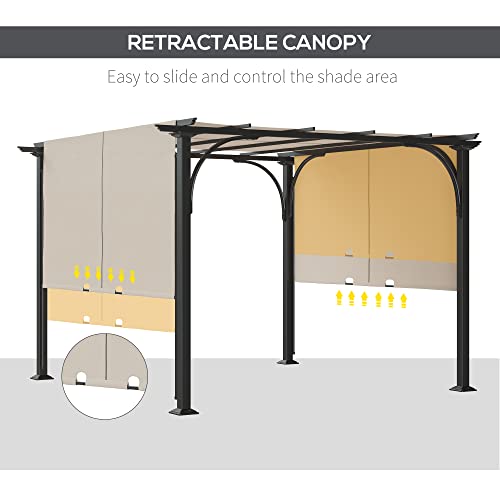 Outsunny 10' x 10' Patio Pergola with Retractable Canopy and Weather-Resistant Steel Frame, Backyard Sun Shade Canopy Cover Shelter for Porch Party, Garden, Grill Gazebo, Beige