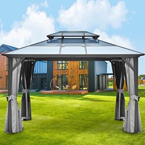 outmotd 10x12 ft polycarbonate double roof gazebo with netting and shaded curtains, outdoor gazebo 2-tier hardtop galvanized iron aluminum frame for patio, backyard, deck and lawns, parties