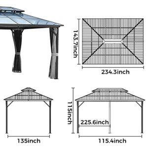 OUTMOTD 10x12 ft Polycarbonate Double Roof Gazebo with Netting and Shaded Curtains, Outdoor Gazebo 2-Tier Hardtop Galvanized Iron Aluminum Frame for Patio, Backyard, Deck and Lawns, Parties