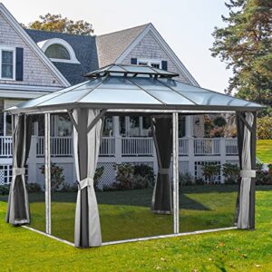 OUTMOTD 10x12 ft Polycarbonate Double Roof Gazebo with Netting and Shaded Curtains, Outdoor Gazebo 2-Tier Hardtop Galvanized Iron Aluminum Frame for Patio, Backyard, Deck and Lawns, Parties