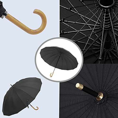 MRTLLOA 52 Inch Windproof Large Umbrellas for Rain, 16 Ribs, J Wooden Handle, 210T High-density Fabric Golf Stick Umbrella(52 Inch, Black)