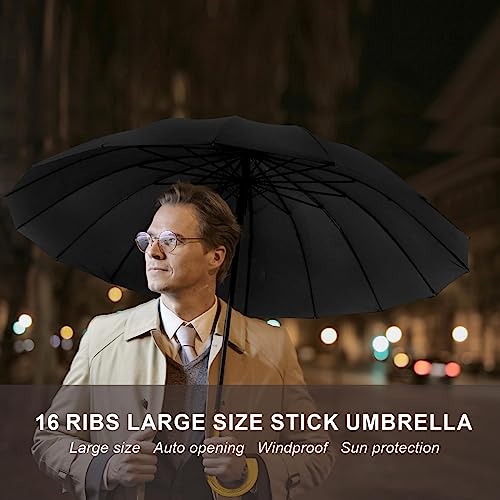 MRTLLOA 52 Inch Windproof Large Umbrellas for Rain, 16 Ribs, J Wooden Handle, 210T High-density Fabric Golf Stick Umbrella(52 Inch, Black)