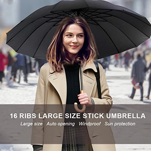 MRTLLOA 52 Inch Windproof Large Umbrellas for Rain, 16 Ribs, J Wooden Handle, 210T High-density Fabric Golf Stick Umbrella(52 Inch, Black)