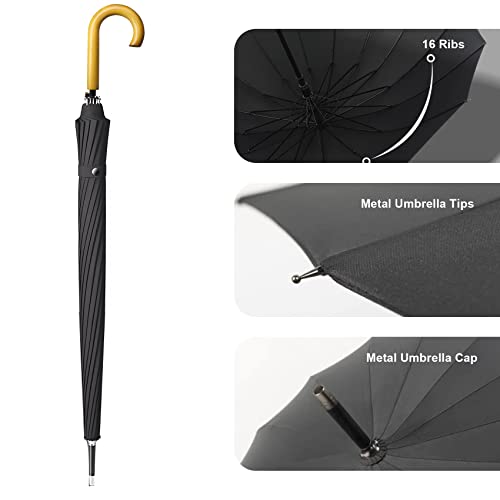 MRTLLOA 52 Inch Windproof Large Umbrellas for Rain, 16 Ribs, J Wooden Handle, 210T High-density Fabric Golf Stick Umbrella(52 Inch, Black)