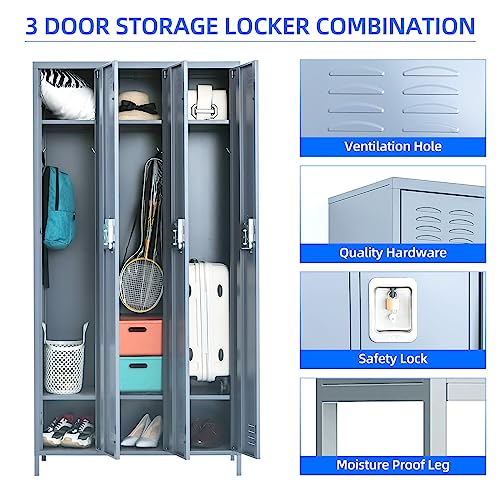 SUXXAN 3 Doors Metal Locker Combination with 6 Hooks,Industries Storage Metal Locker for School Office Gym Home Employees Staff Sundries Room W35.43*D15.7*H72(Light Grey)