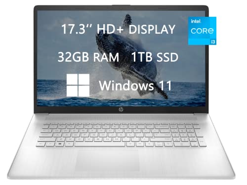 HP 17 HD+ Laptop, 2023 Newest Upgrade, Intel Core i3-1125G4 (Quad-core), 32GB RAM, 1TB SSD, Webcam, Wi-Fi, HDMI, USB-C, Fast Charge,Bluetooth, Windows 11, School and Business Ready, ROKC HDMI Cable