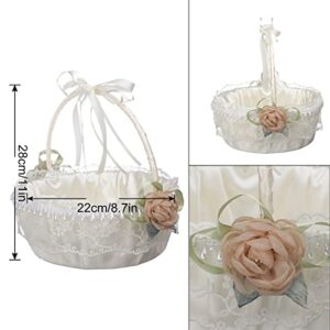 NEOITY Wedding Flower Girl Basket, White Flower Basket with Handle, Elegant Satin Flower Basket Decorated with Lace, Peals and Bows for Wedding Ceremony Party Decoration(#1)