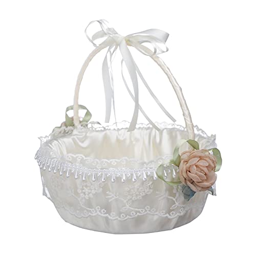 NEOITY Wedding Flower Girl Basket, White Flower Basket with Handle, Elegant Satin Flower Basket Decorated with Lace, Peals and Bows for Wedding Ceremony Party Decoration(#1)