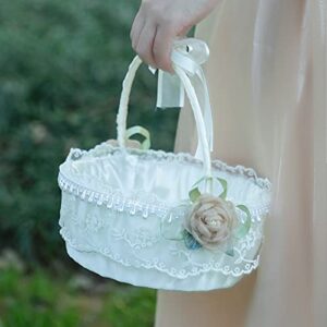 NEOITY Wedding Flower Girl Basket, White Flower Basket with Handle, Elegant Satin Flower Basket Decorated with Lace, Peals and Bows for Wedding Ceremony Party Decoration(#1)