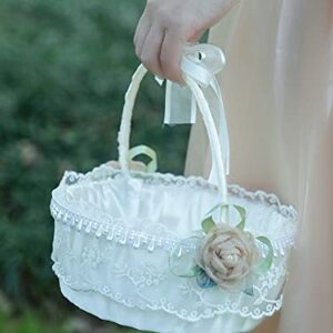 NEOITY Wedding Flower Girl Basket, White Flower Basket with Handle, Elegant Satin Flower Basket Decorated with Lace, Peals and Bows for Wedding Ceremony Party Decoration(#1)