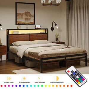 HAUSOURCE Full Bed Frame with Storage Headboard Metal Platform Bed with LED Lights USB Ports & Outlets Non-Slip Without Noise Strong Metal Slats Support No Box Spring Needed