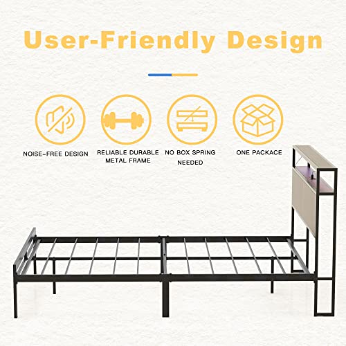 HAUSOURCE Full Bed Frame with Storage Headboard Metal Platform Bed with LED Lights USB Ports & Outlets Non-Slip Without Noise Strong Metal Slats Support No Box Spring Needed