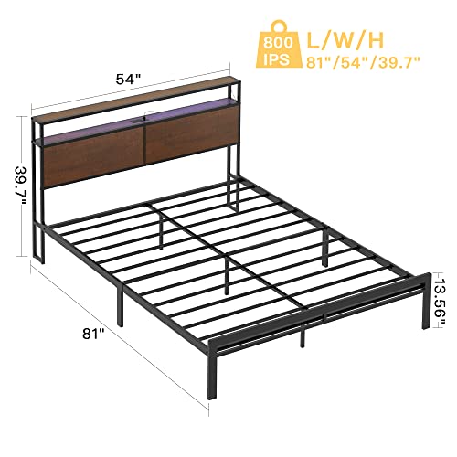 HAUSOURCE Full Bed Frame with Storage Headboard Metal Platform Bed with LED Lights USB Ports & Outlets Non-Slip Without Noise Strong Metal Slats Support No Box Spring Needed