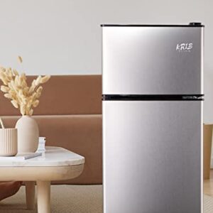 KRIB BLING Refrigerator with Freezer 3.5 Cu.Ft with 7 Level Adjustable Thermostat Control 2 Door Energy Saving Top-Freezer Compact Refrigerator Silver