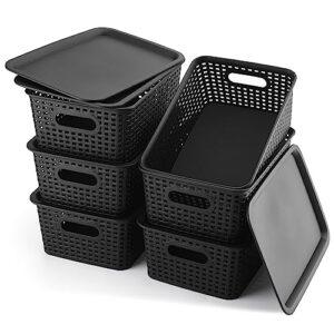 raxmetry plastic storage baskets with lids pantry organization and storage bins lidded container organizers for shelves desktop drawer closet bedroom, black