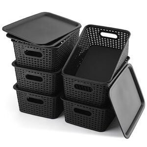 RAXMETRY Plastic Storage Baskets with Lids Pantry Organization and Storage Bins Lidded Container Organizers for Shelves Desktop Drawer Closet Bedroom, Black