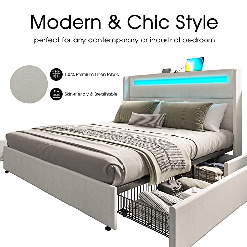 AMERLIFE Queen Bed Frame with RGBW LED Lights Headboard & 4 Storage Drawers, Upholstered Smart Platform Bed with USB & USB-C Ports, Box Spring Optional, Cream