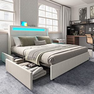 amerlife queen bed frame with rgbw led lights headboard & 4 storage drawers, upholstered smart platform bed with usb & usb-c ports, box spring optional, cream